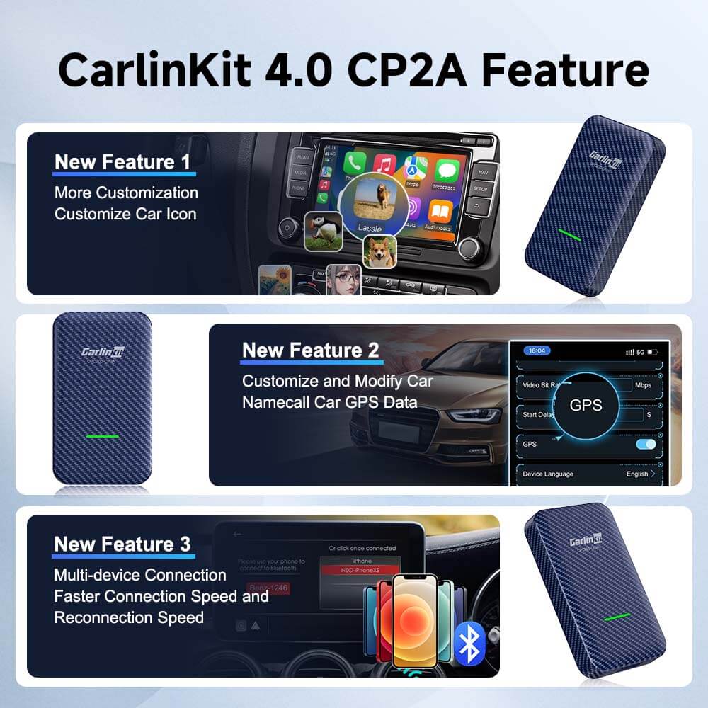 Carlinkit 4.0 - CP2A Adaptador 2 em 1 Carplay sem fio e Android Auto para carro Carplay de fábrica com fio